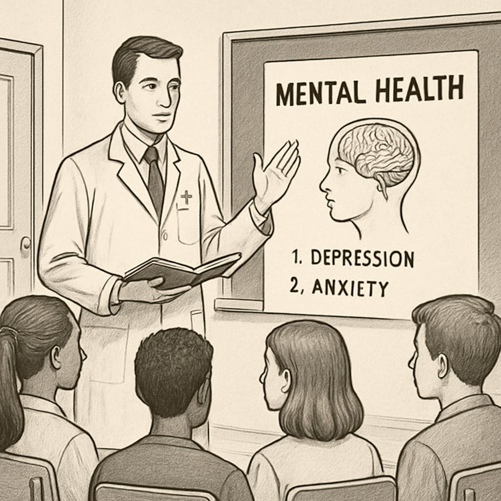A medical student speaking to a group of attentive high school students in a classroom setting about mental health. Medical student delivering a mental health seminar to high school students.