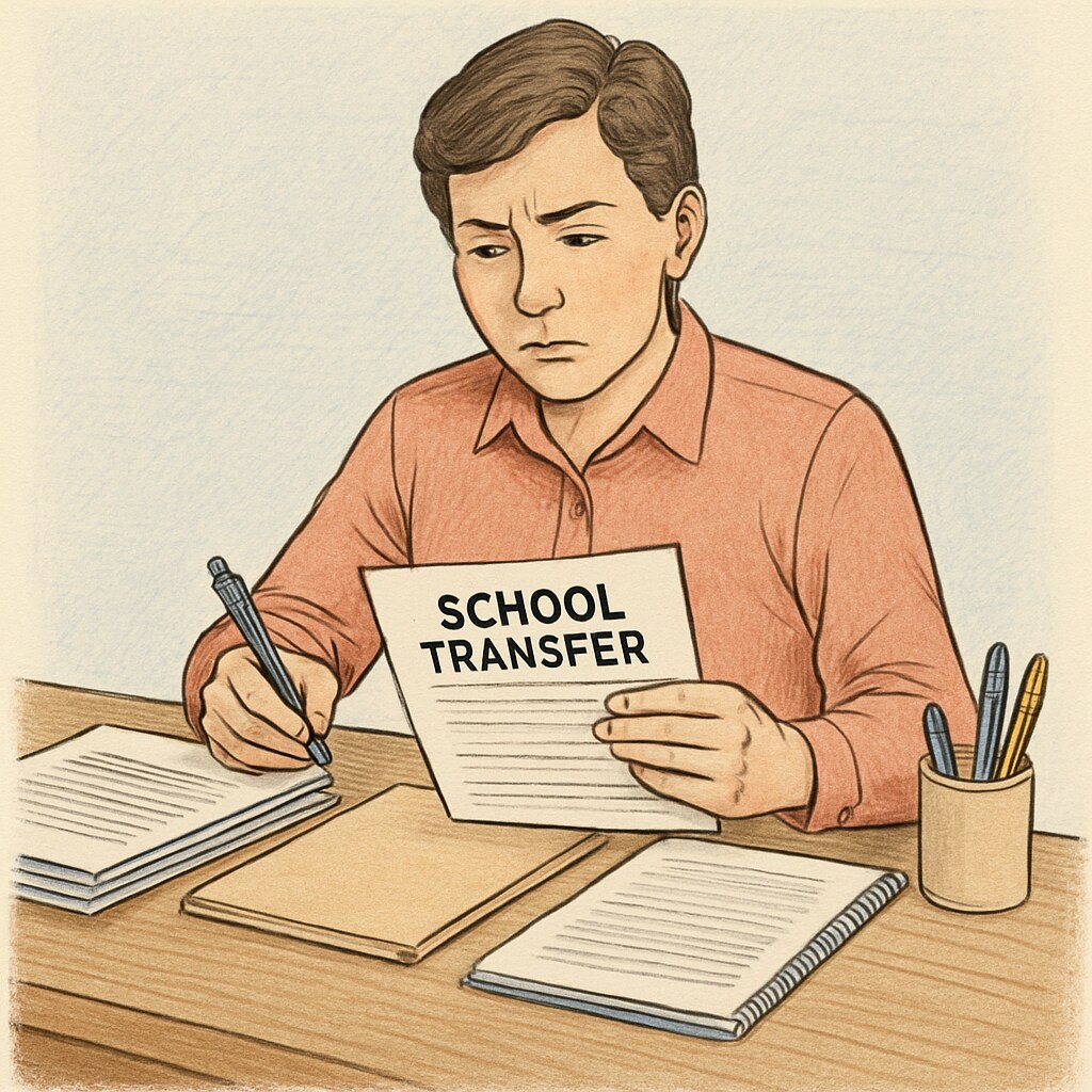A concerned parent reviewing school transfer paperwork at a desk, symbolizing the challenges of navigating administrative barriers. Parent reviewing paperwork for school district transfer application, reflecting challenges of school discrimination, district policies, and inter-district communication.