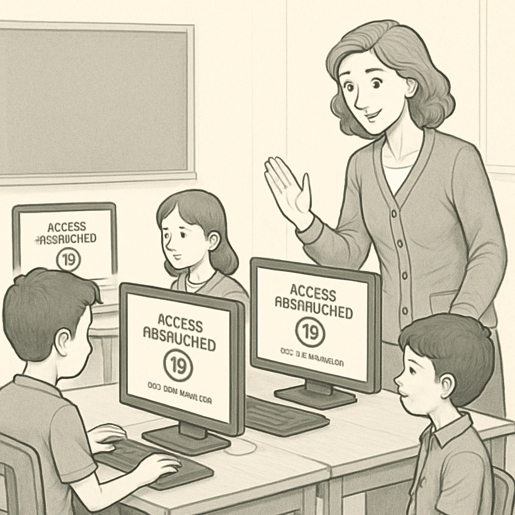 A teacher assisting students in a classroom setting, with computers displaying Age verification restrictions on classroom computers during a lesson.