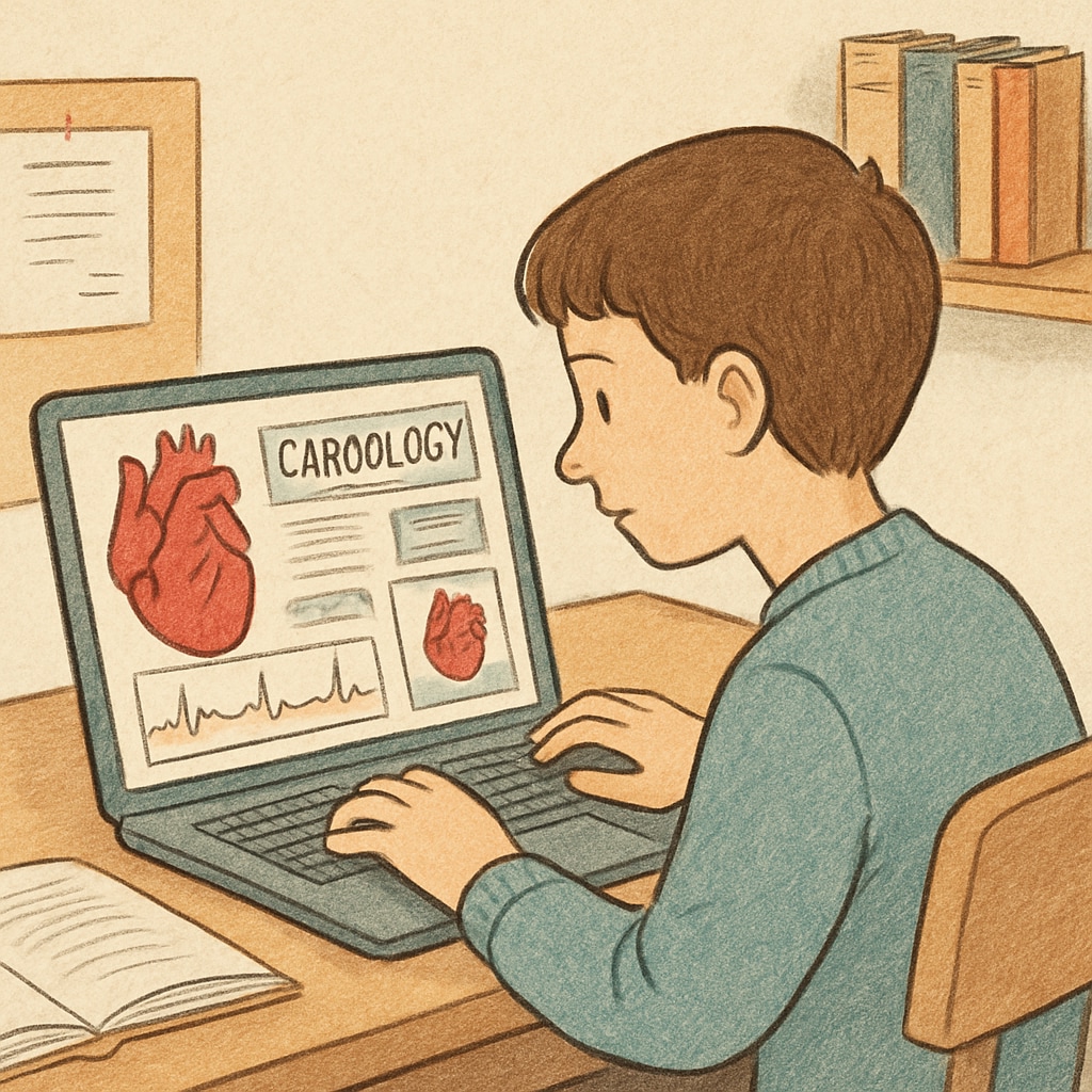 A young student accessing cardiology-focused online resources on a laptop. A student learning cardiology through online courses.