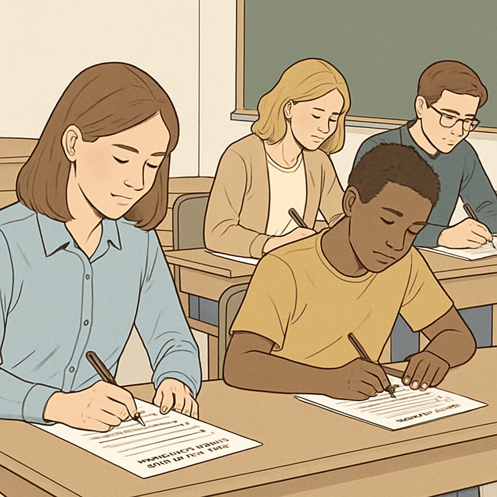 A group of students filling out evaluation forms after a mental health seminar. High school students providing feedback after a mental health seminar.