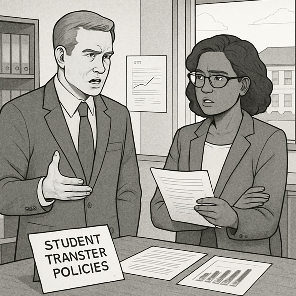 Two school administrators in a heated discussion over student transfer policies, representing inter-district power imbalances. School administrators discussing student transfer policies, illustrating challenges in inter-district communication and transfer barriers.