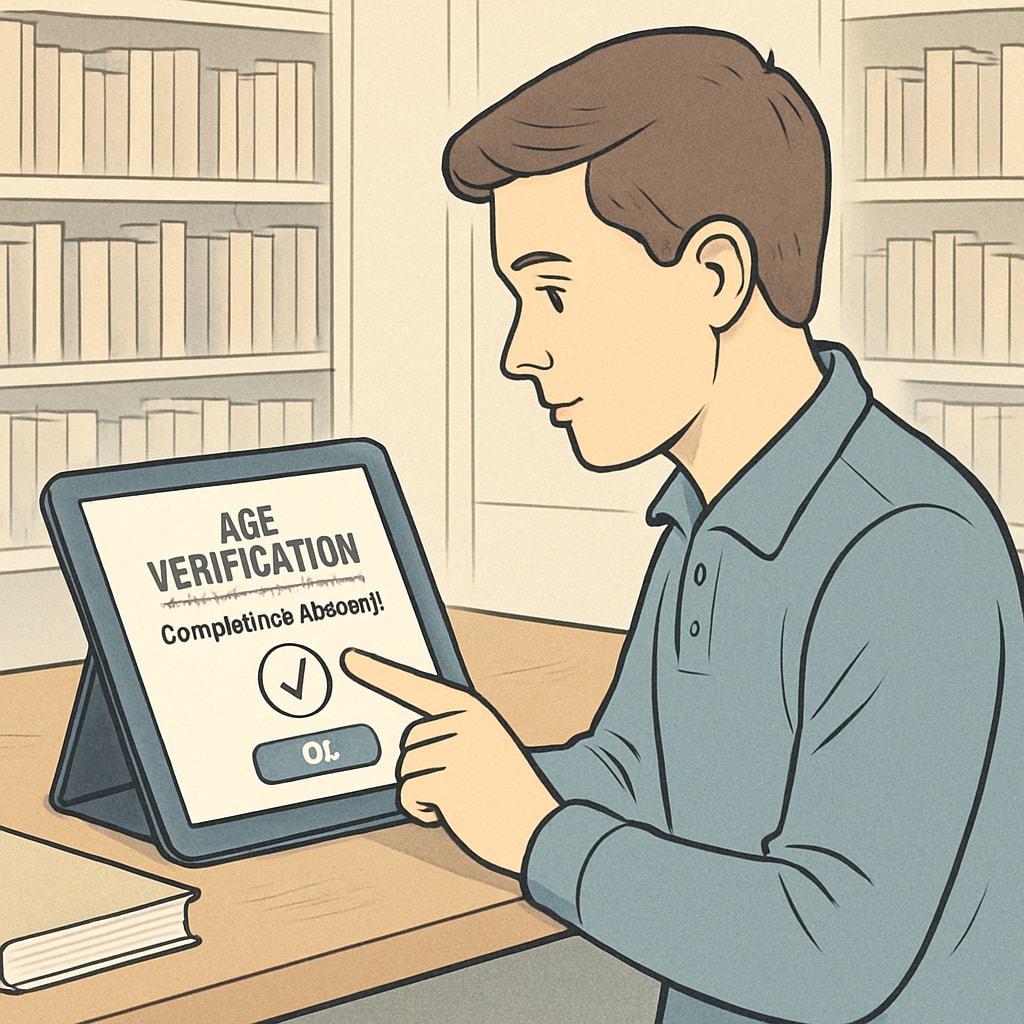 A student using a tablet in a library, with a pop-up notification about age verification compliance. A student encountering age verification compliance pop-up on a library tablet.