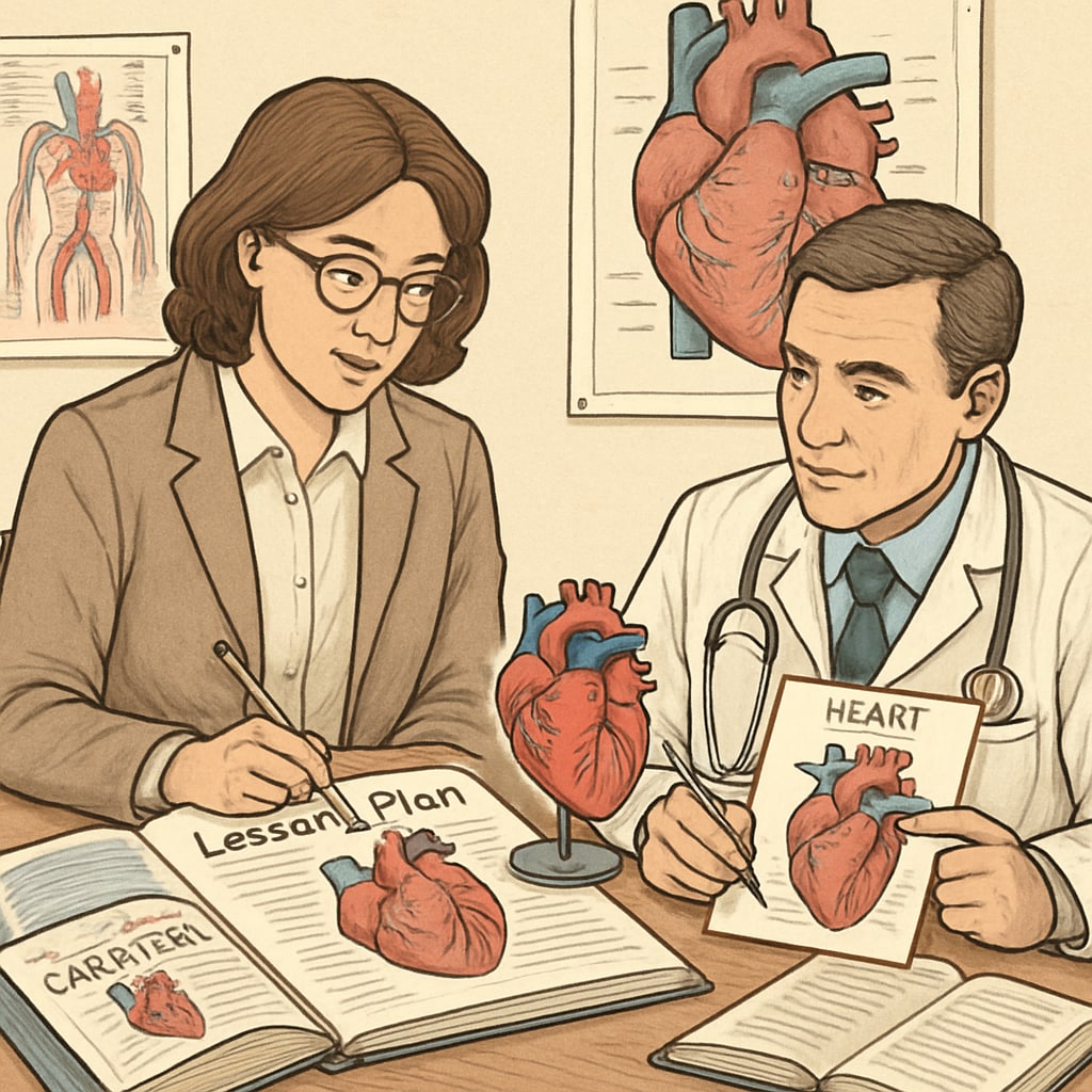 An educator and a doctor collaborating to design a cardiology lesson for students. A teacher and a medical professional working on a lesson plan.