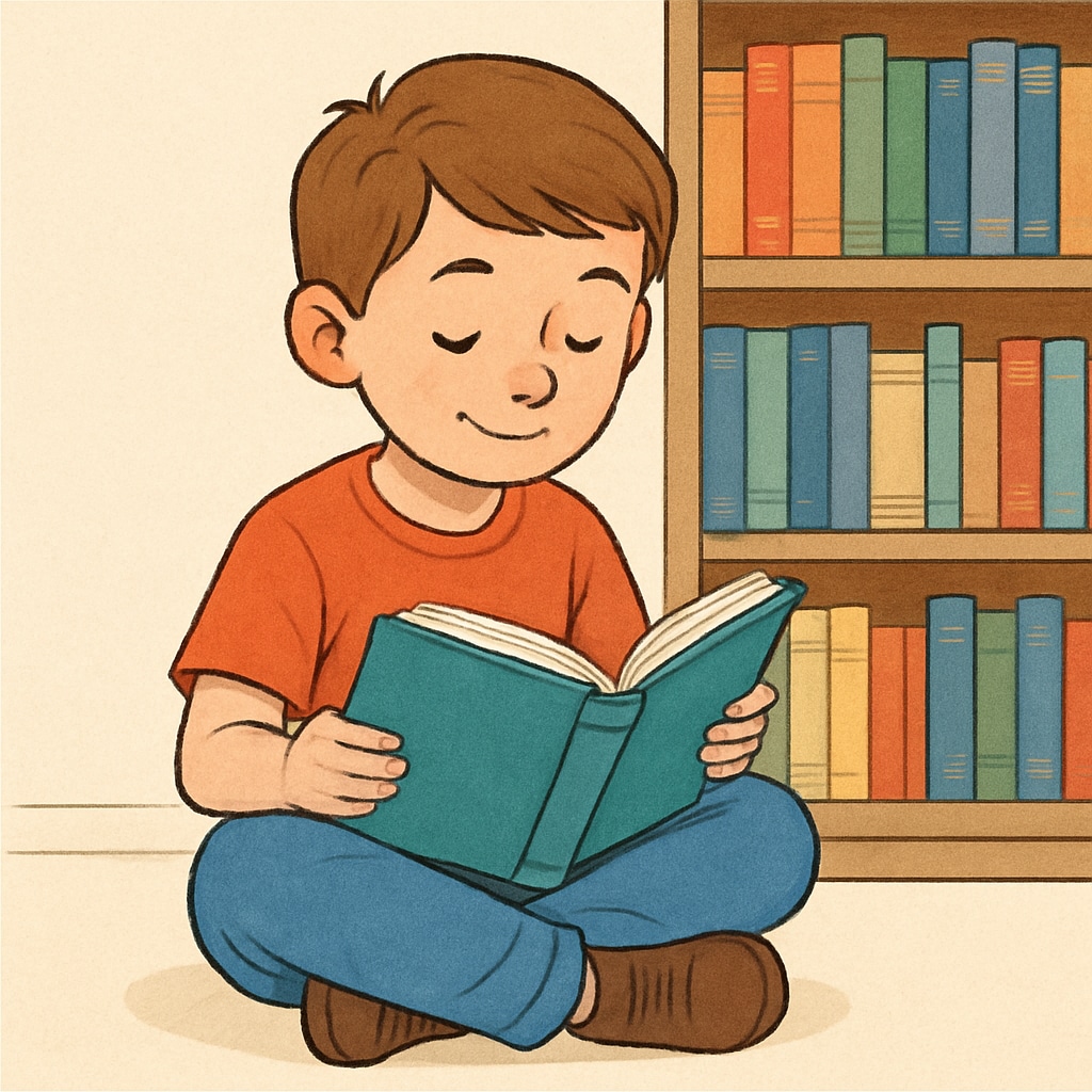A child reading a book with a bookshelf in the background, symbolizing independent learning. A child reading a book with a focus on independent learning and reading motivation.