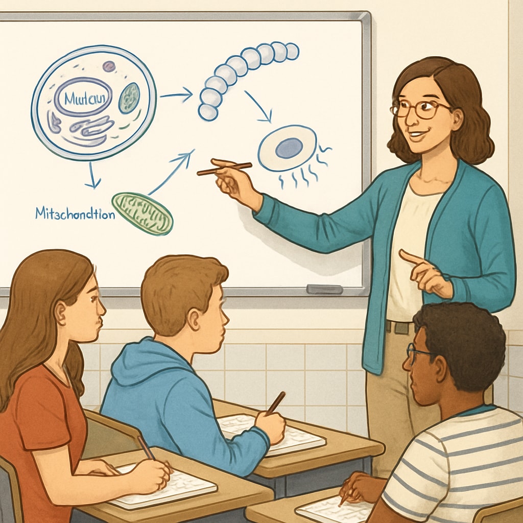 A STEM educator explaining biological processes to high school students in a classroom setting. STEM educator teaching biology concepts in a classroom