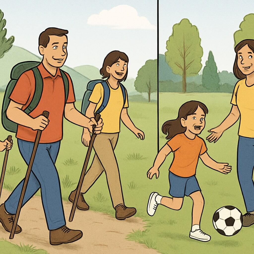 A family engaging in outdoor activities, such as hiking or playing sports, promoting physical activity and bonding. A family promoting healthy lifestyle habits for childhood development.
