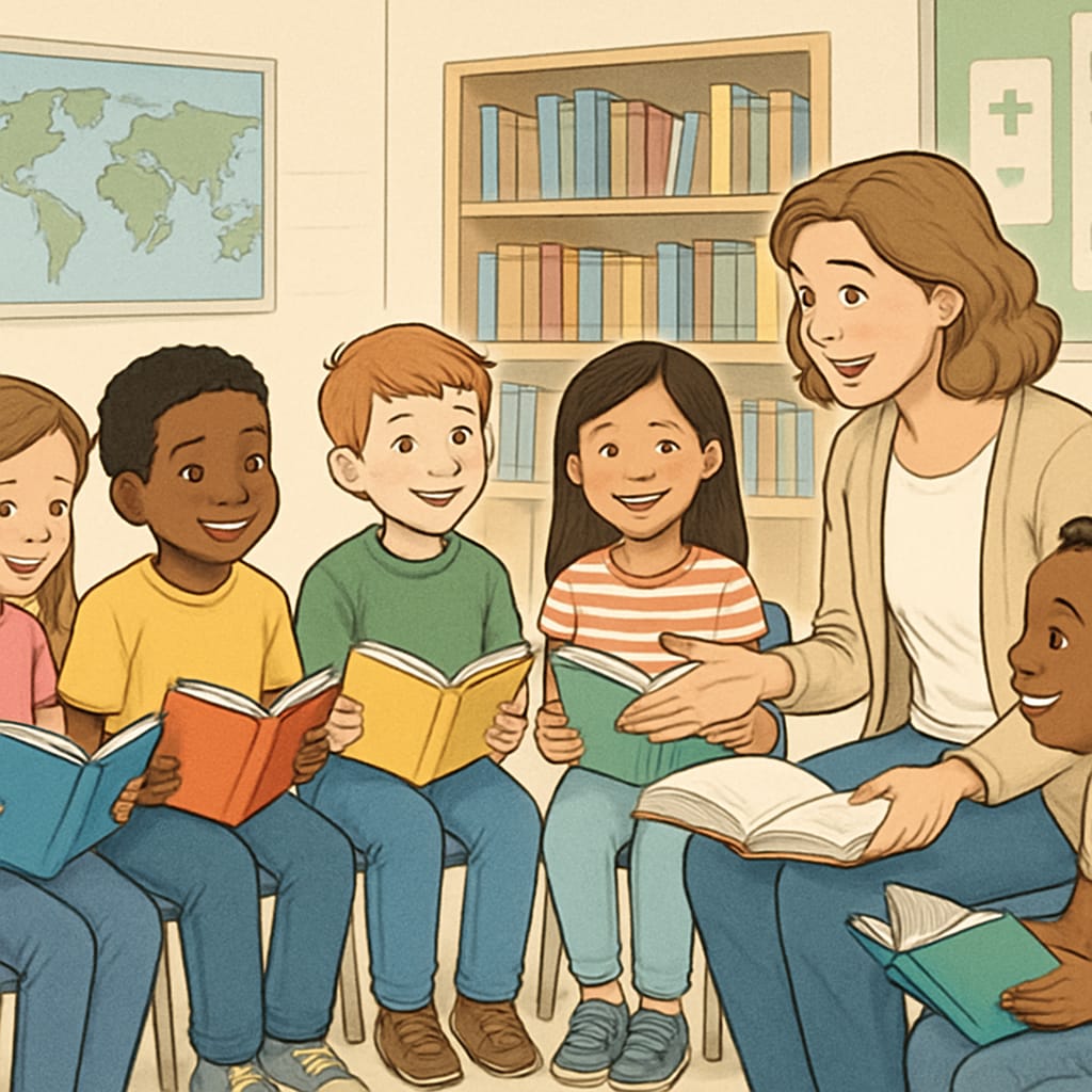 A group of elementary students participating in a reading circle, smiling and engaged. Elementary students engaging in a reading circle to foster a love for books.