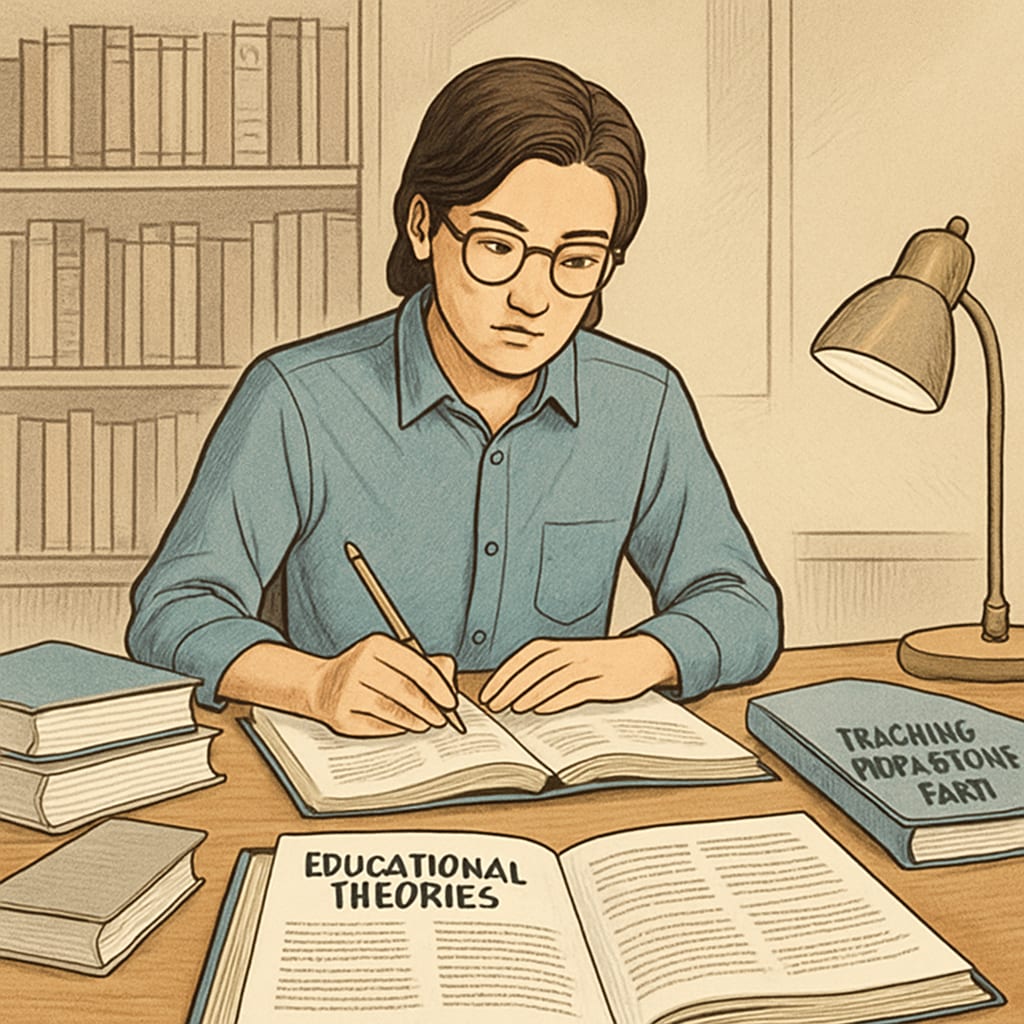 A graduate student studying educational theories from textbooks and preparing for a teaching certification exam. Graduate student preparing for education certification exams