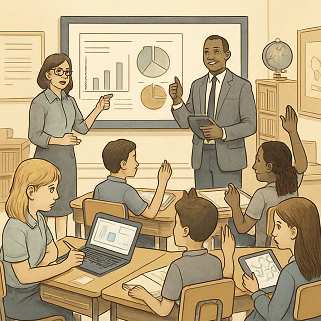 A classroom with students and teachers engaging in a technology-driven lesson, showcasing innovative public school strategies. Public school classroom with innovative teaching methods.