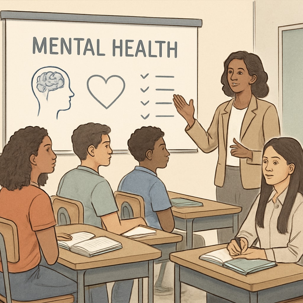 A group of high school students listening attentively to a presentation on mental health. High school students attending a mental health seminar.