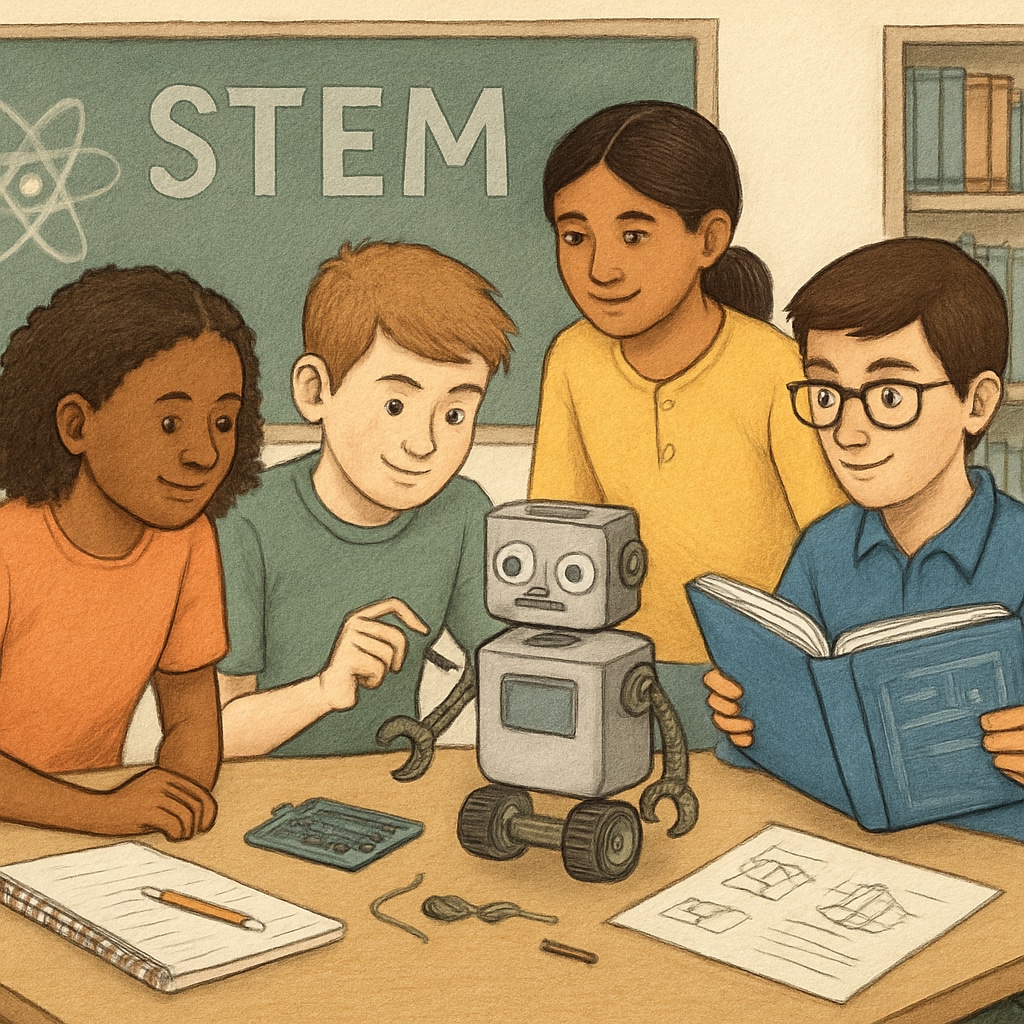 A group of students collaborating on a STEM project, representing public schools' focus on specialized curricula. Public school students working on a STEM project.