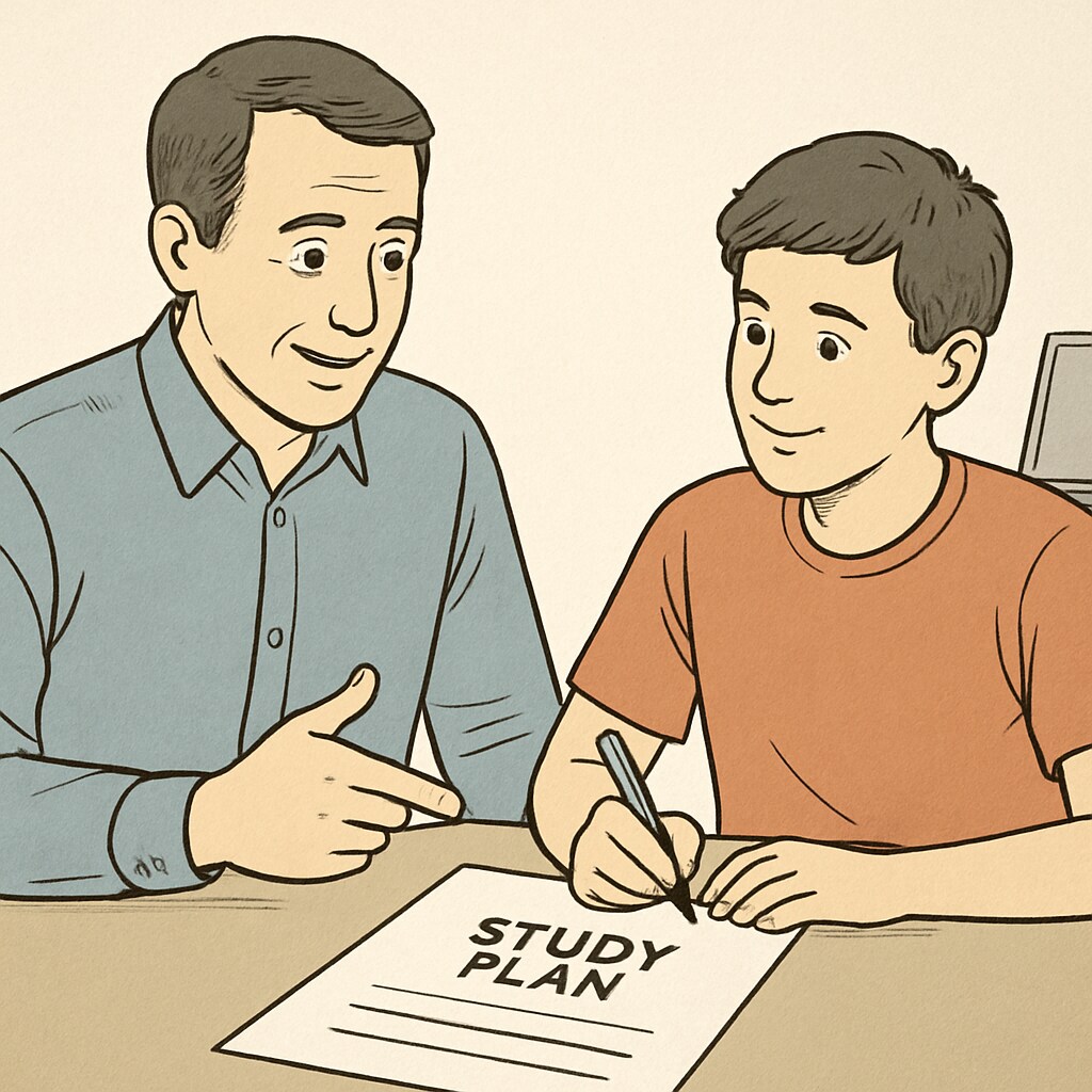Parent and teen discussing a study plan with books and a laptop in the background, illustrating family education and support in teen development. Parent guiding teen with a study plan, showcasing family involvement in education.