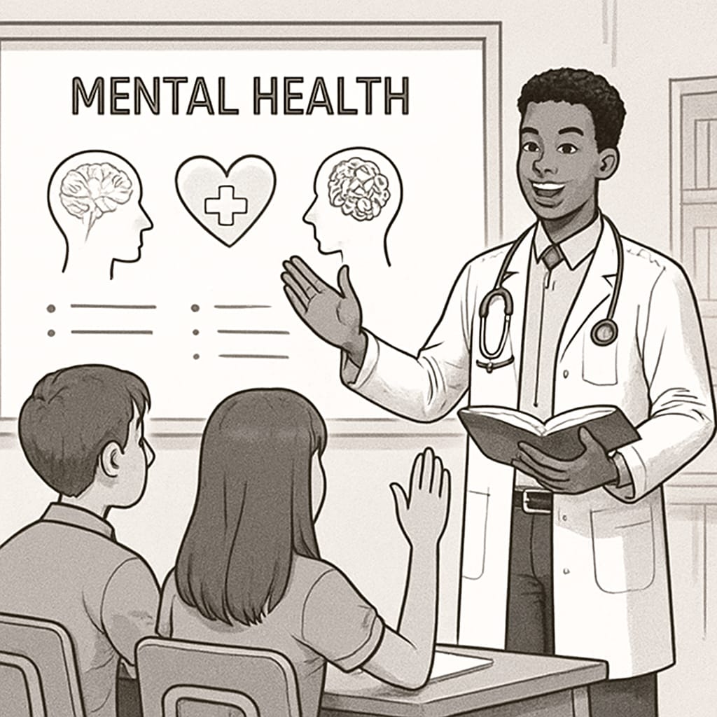 A medical student leading an interactive session on mental health with high school students. Medical student conducting a mental health seminar in a high school setting.