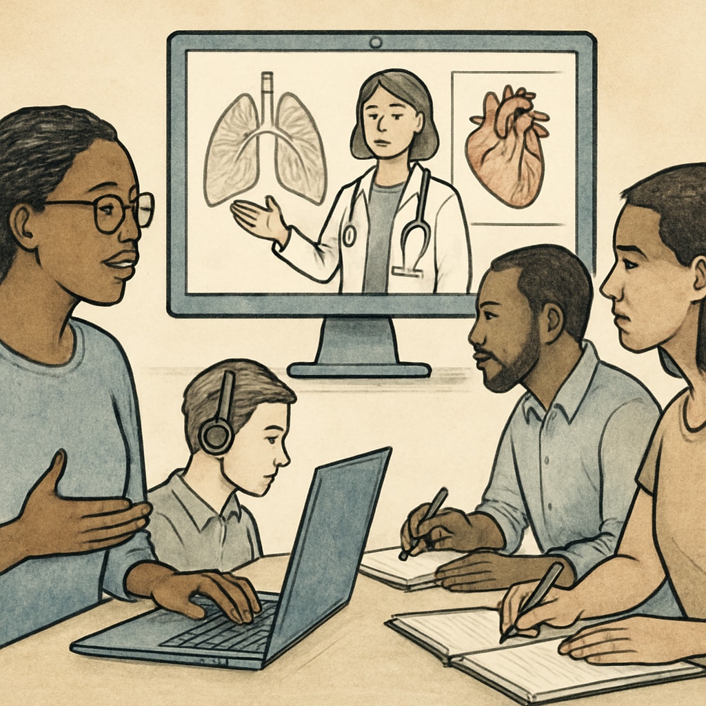A group of diverse learners engaging in an online medical education course, representing accessibility and inclusivity. Diverse learners participating in an online medical education course