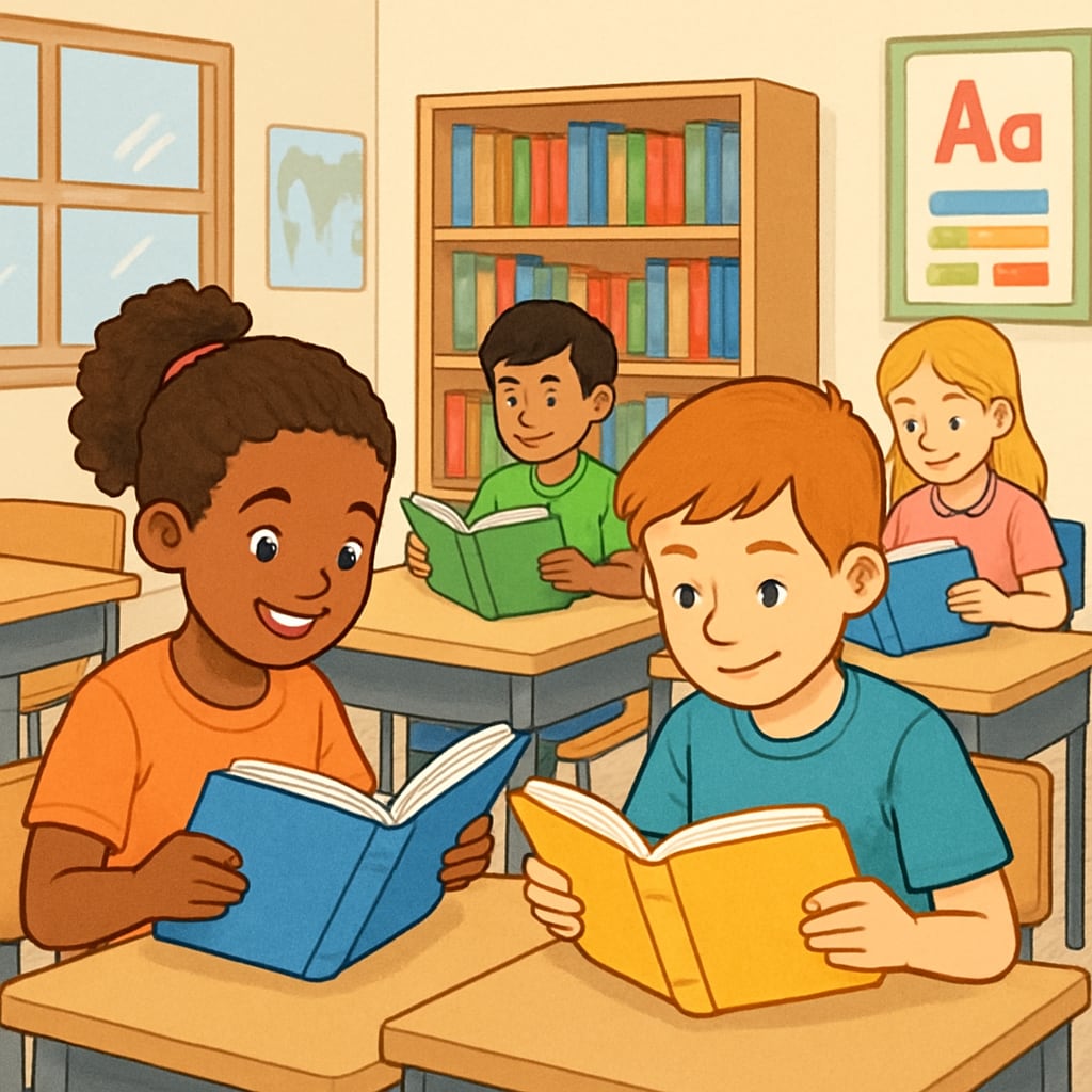 A colorful illustration of children reading books in a classroom setting, symbolizing engagement in reading activities. Children reading books in a classroom to enhance reading comprehension and interest.