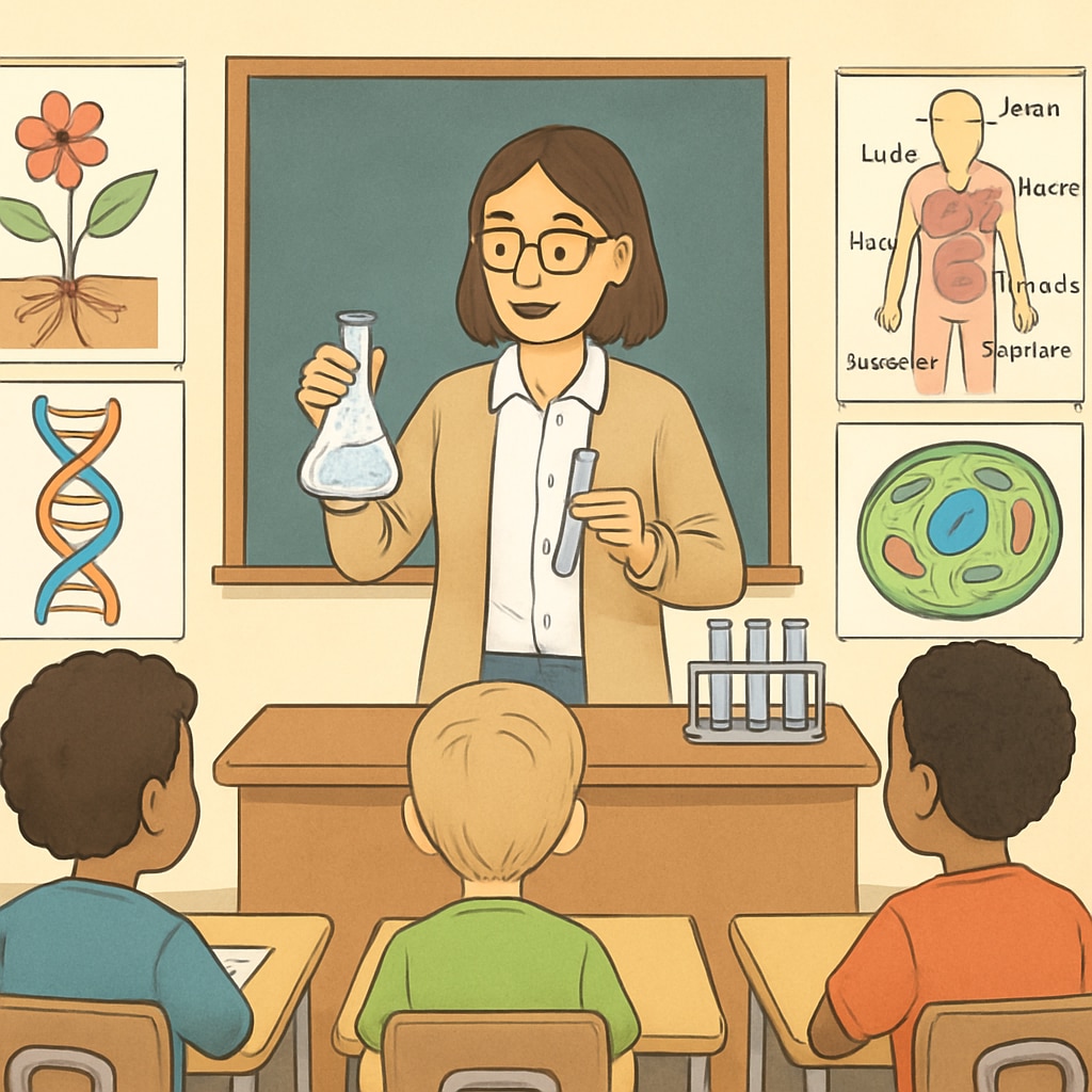 Science-themed classroom with teacher performing experiment, illustrating biology and education synergy.
