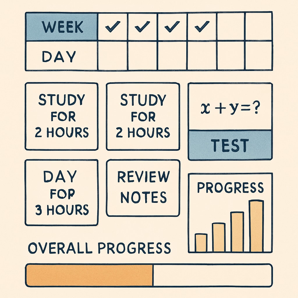 A study schedule graphic showing how to prepare for math skill tests, including daily goals and progress tracking. Study schedule for math skill test preparation