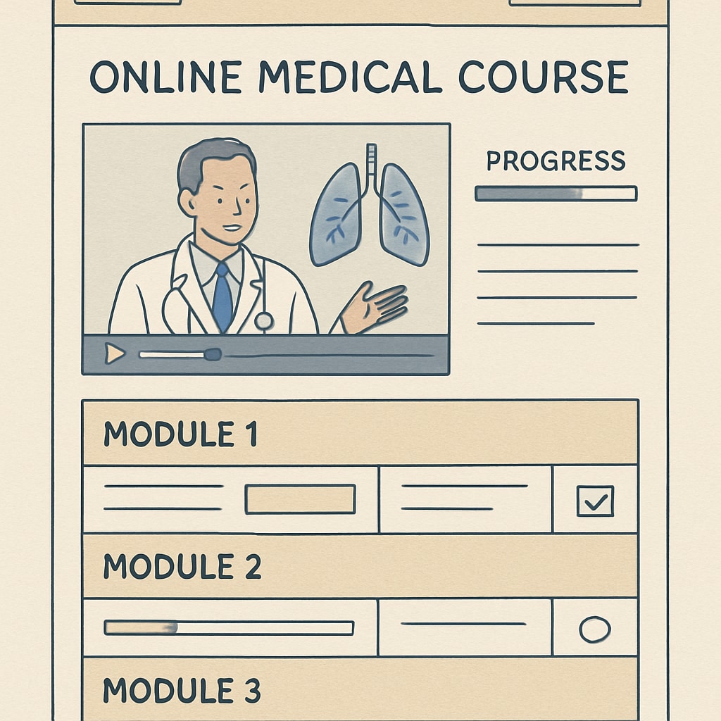 A screenshot of an online medical course interface, showing interactive modules and progress tracking. Interface of an online medical course with interactive features