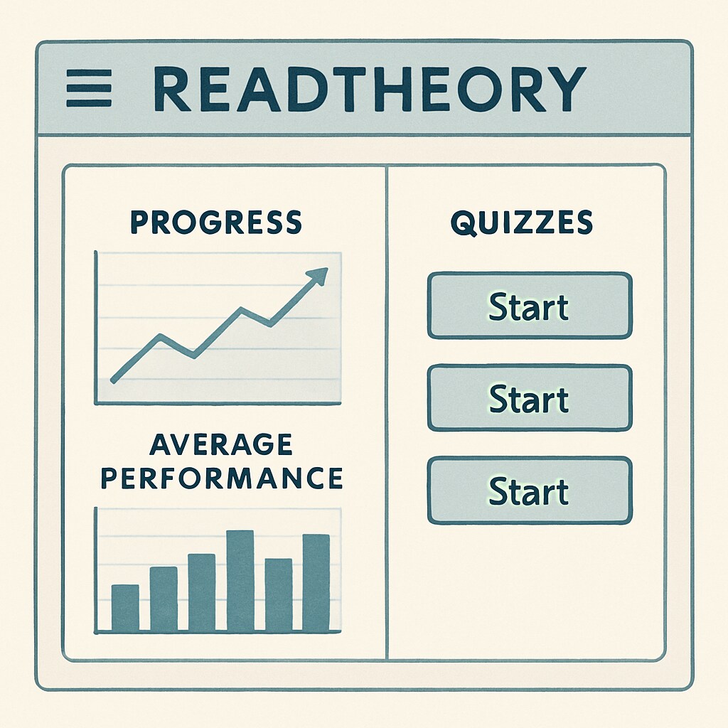A screenshot showcasing the ReadTheory dashboard with student progress graphs and quiz options. ReadTheory dashboard with student progress tracking and quiz previews.