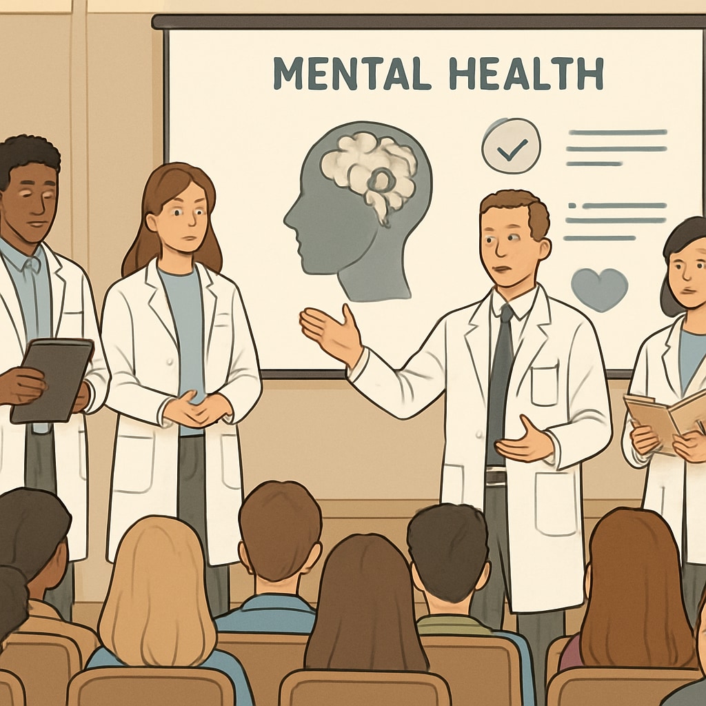 Medical students presenting a mental health assembly to high school students.