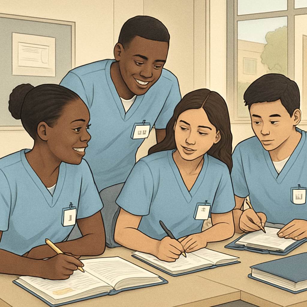 Nursing students in a workshop on campus combining academic and social life.