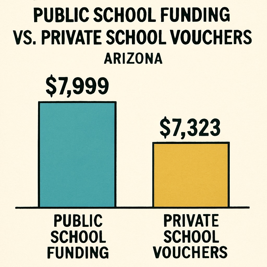 A comparison chart showing public school funding versus private school voucher allocations in Arizona, illustrating the financial disparity caused by voucher programs. Public school funding compared to voucher allocations in Arizona, visualizing the impact on education budgets.