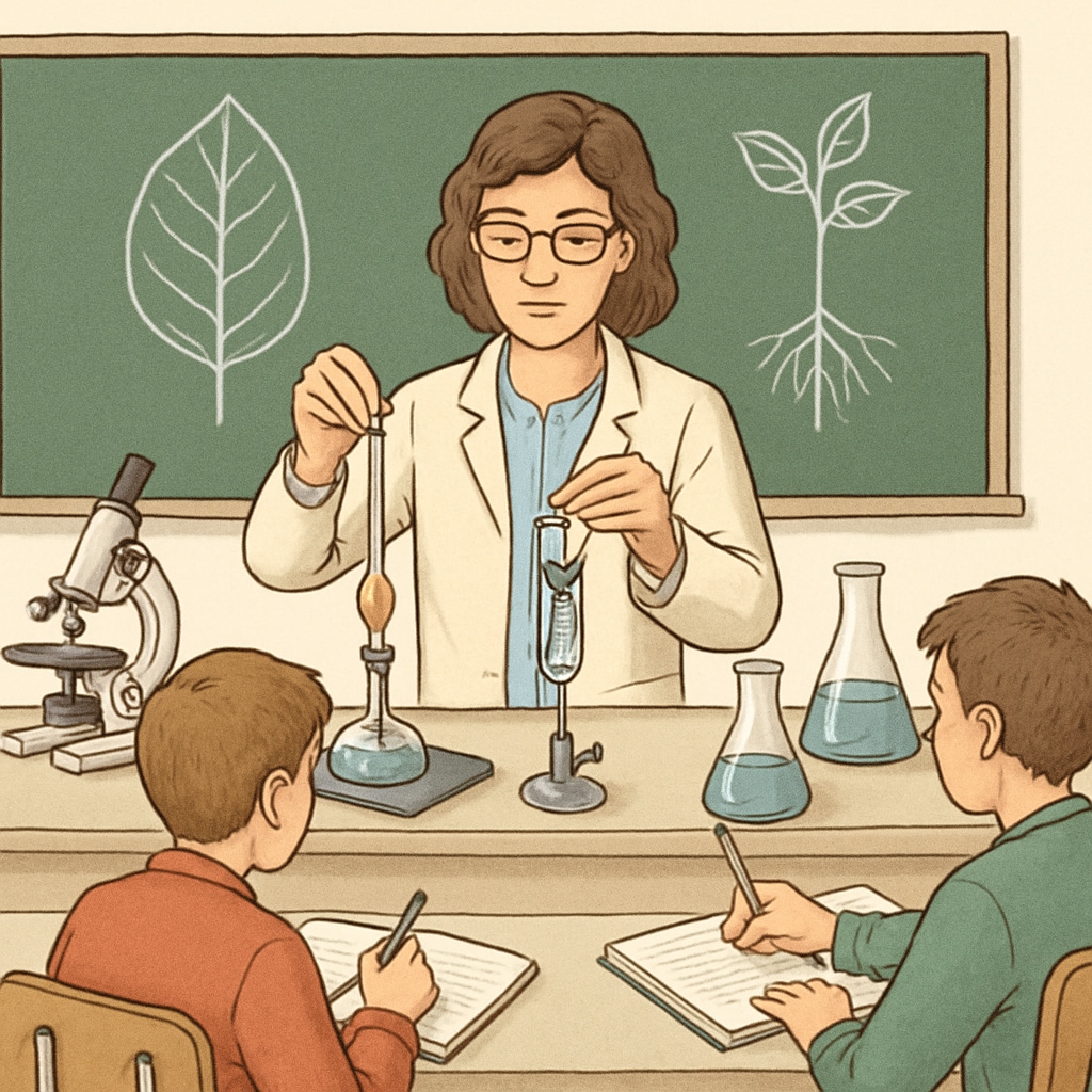 A teacher in a science classroom demonstrating a biology experiment to students. A teacher using hands-on methods to teach biology, illustrating the transition from biology labs to education.