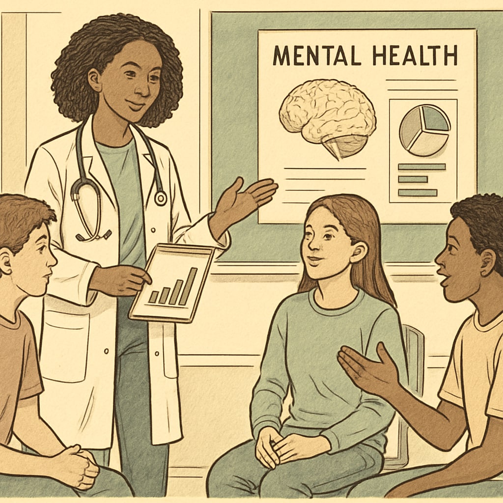 A medical student leading a mental health activity with high schoolers.