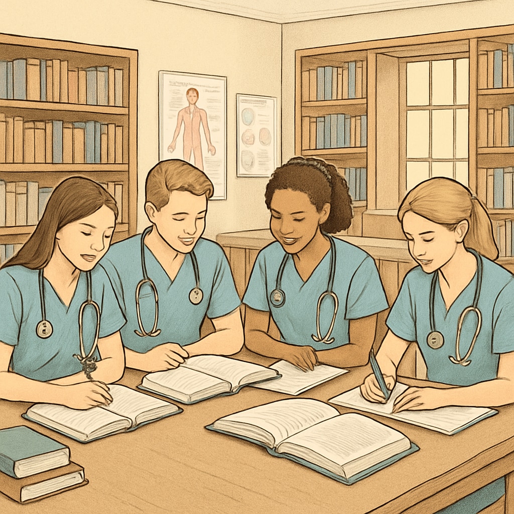 Nursing students studying in a university library, showcasing balance between academics and campus life.