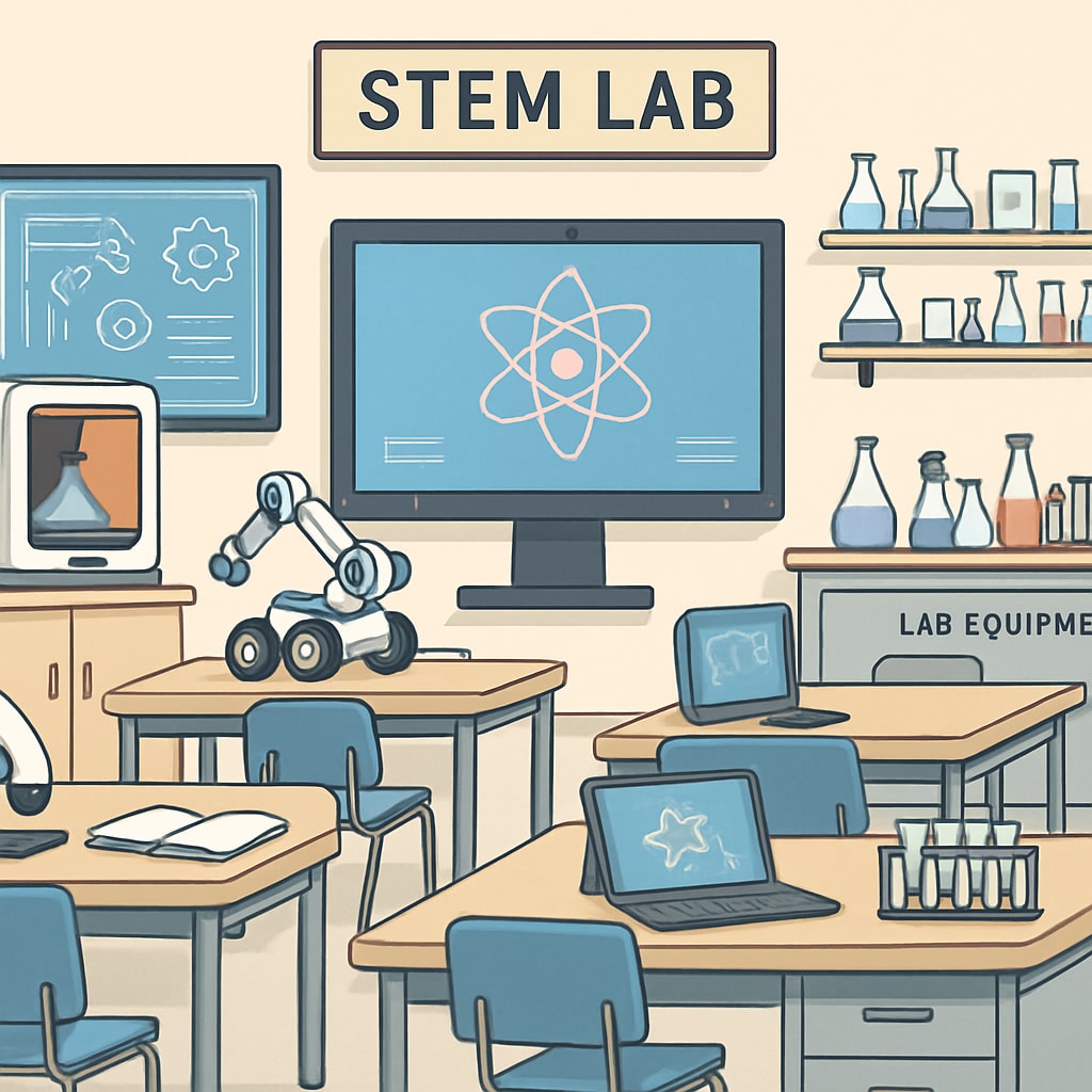 Public school STEM lab with advanced technology, illustrating adaptation to compete with private schools.