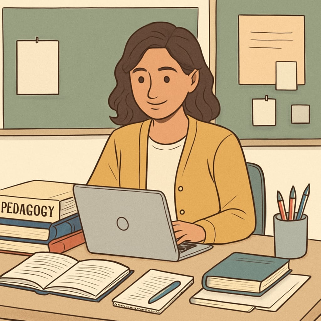 A graduate student studying pedagogy while working on a laptop, representing preparation for a master's in education. A biology graduate studying for a master's in education, symbolizing career transition.