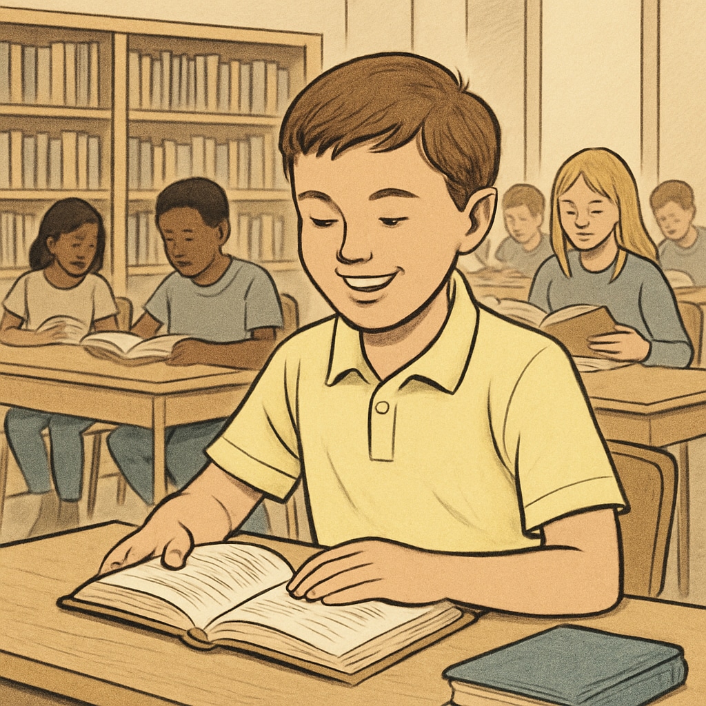 A young student enjoying a book while participating in a community reading event. Elementary student reading in a group activity to encourage engagement.