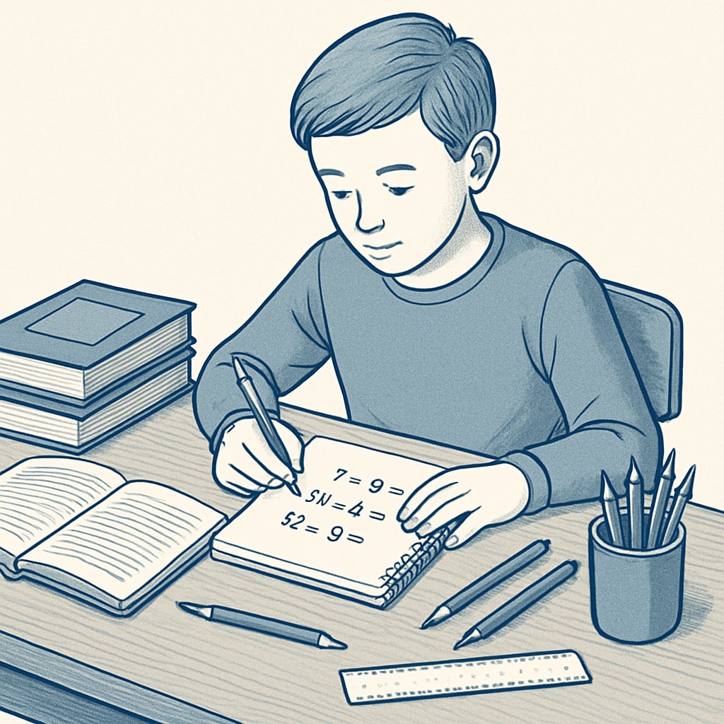 A student solving math problems on a notepad, surrounded by study materials. Student preparing for math ability tests during campus recruitment.