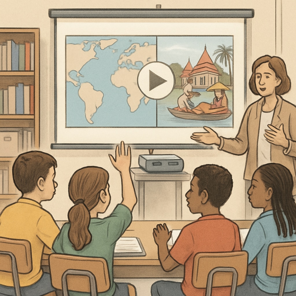A classroom setting where students critically analyze short videos on geography and culture. Students analyzing short videos in a K12 classroom.