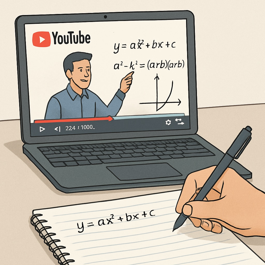 A laptop screen showing a YouTube math tutorial video, with a student taking notes. YouTube math resource for campus recruitment preparation.