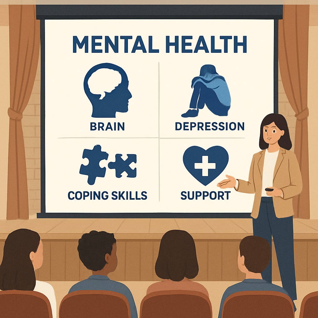 A slide presentation on mental health topics being displayed on a large screen in a school auditorium. A slideshow with mental health topics during a high school assembly.