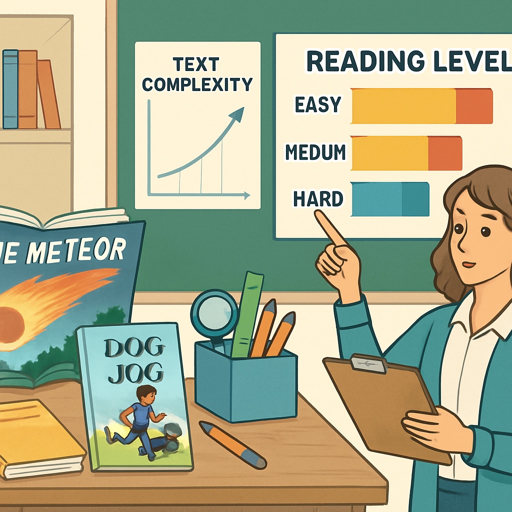 A classroom setting with a teacher analyzing text complexity in student reading materials. Teacher evaluating text complexity in classroom materials for improved reading comprehension.