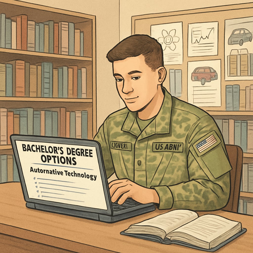 A student in military uniform researching automotive technology bachelor's degree options on a laptop in a library Military student researching automotive technology bachelor's degree options