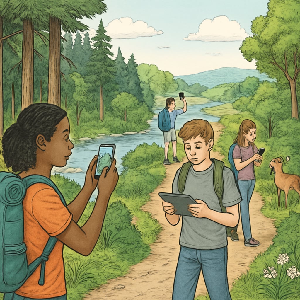 A vibrant short video scene showing teenagers exploring a nature reserve, highlighting the theme of digital influence on tourism behavior. K12 students’ tourism behavior inspired by short videos.