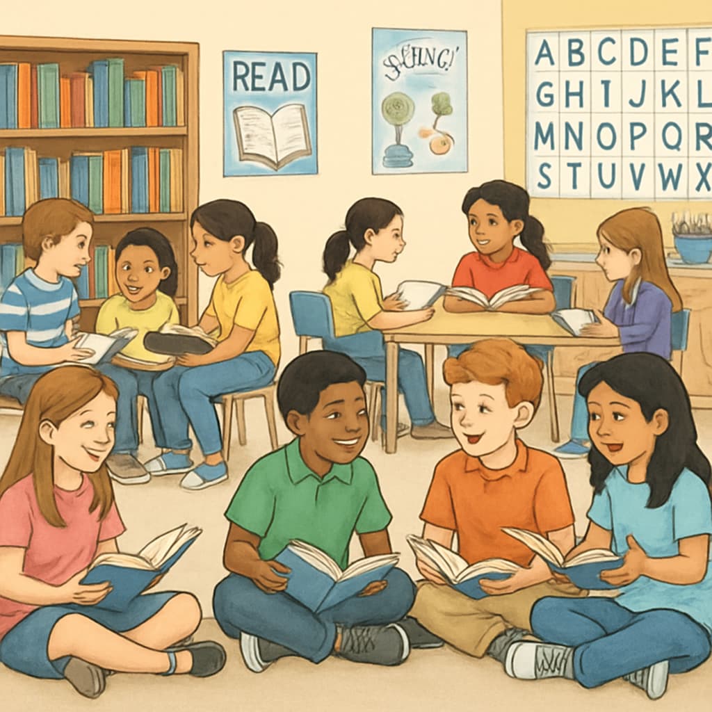 An elementary classroom where students are engaged in group reading activities. This image should visually convey a collaborative learning environment. Elementary students participating in group reading activities to foster comprehension and interest.