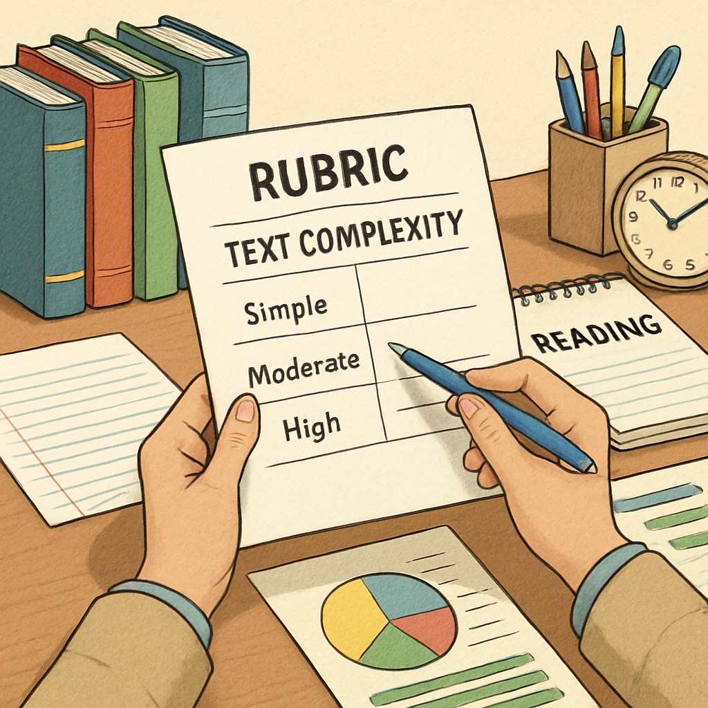 A close-up view of a teacher reviewing a rubric for text complexity, surrounded by books and teaching materials. Teacher reviewing text complexity rubric for student engagement and comprehension.