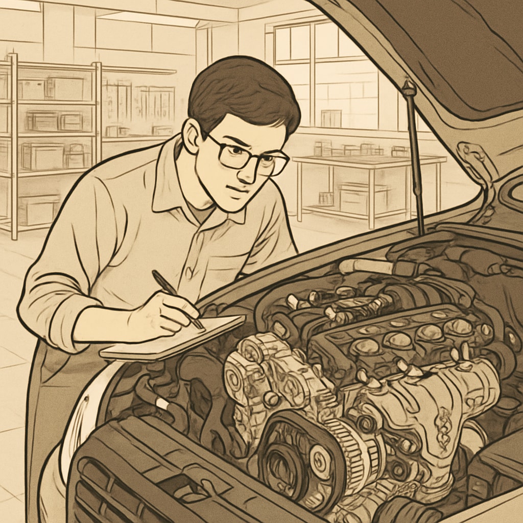 An automotive engineering student examining a car engine in a university workshop Automotive engineering student working on a car engine