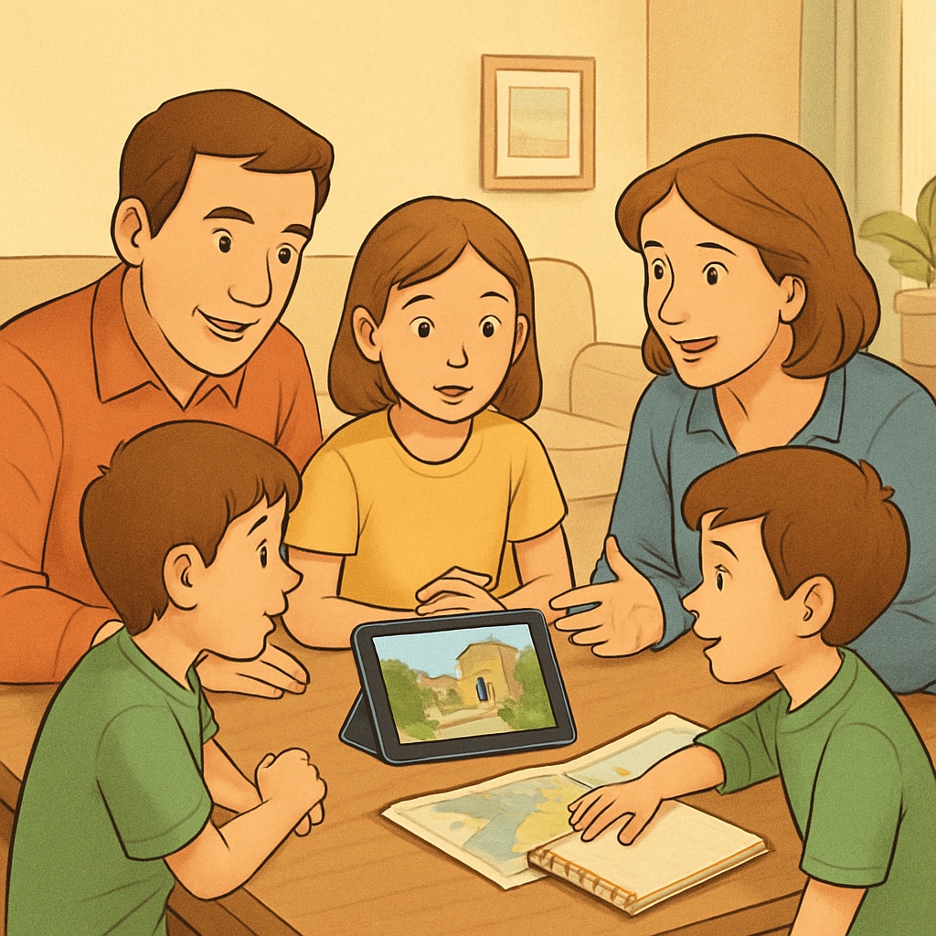 Parents and children gathered around a tablet, discussing a short video about a tourist destination to make travel plans together. Family discussing a travel plan influenced by short video content.