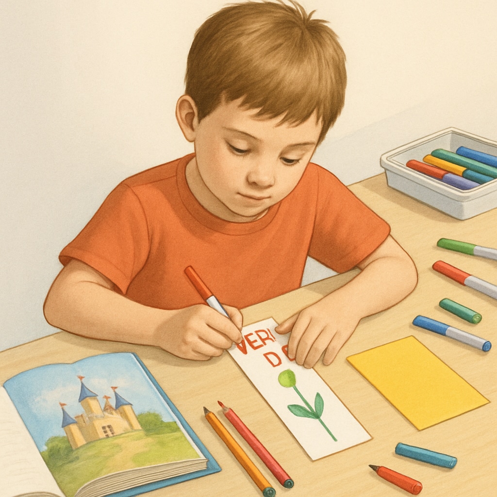 A close-up of a child creating a handmade bookmark inspired by their favorite book. This image reinforces the idea of integrating art with reading activities. A child designing a custom bookmark based on their favorite book to combine creativity with literacy.