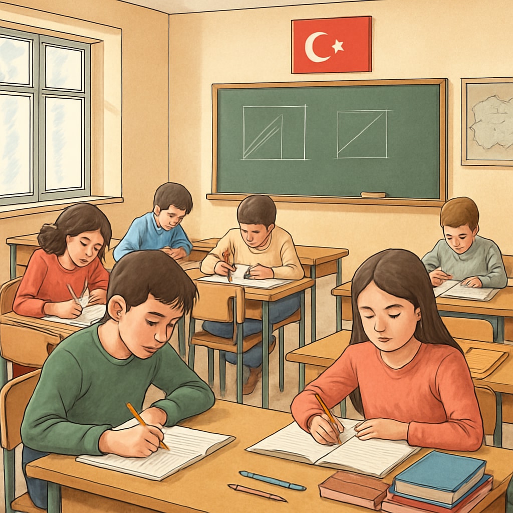 Turkish students in a classroom preparing for exams, highlighting the exam-driven education system.