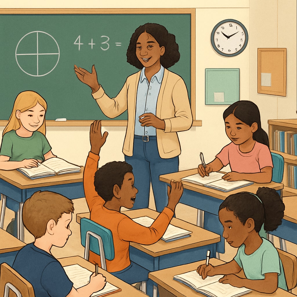 A group of students in a classroom, representing public education, with a teacher engaging them in a diverse learning environment. Students and teacher in a public school classroom.