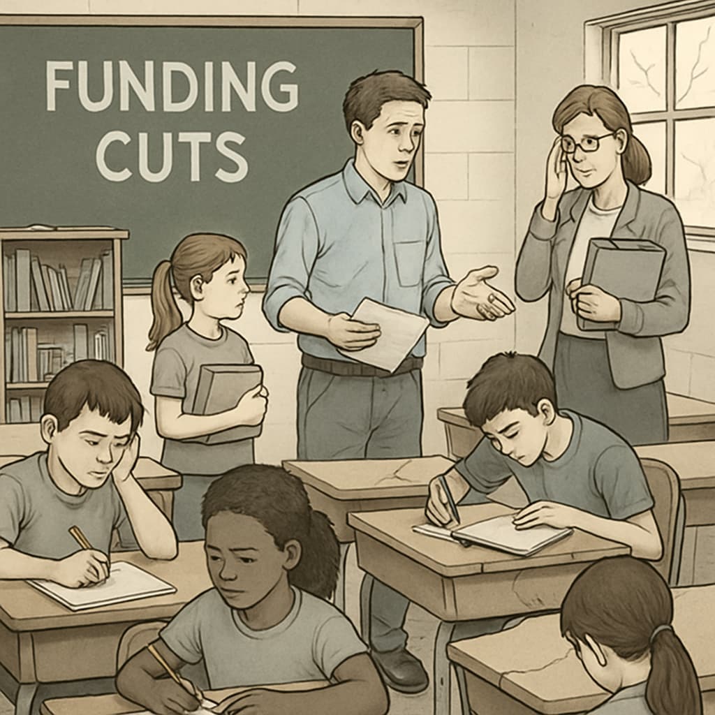 A classroom with students and teachers, symbolizing public education challenges due to funding cuts. Classroom with students and teachers, representing public education challenges.