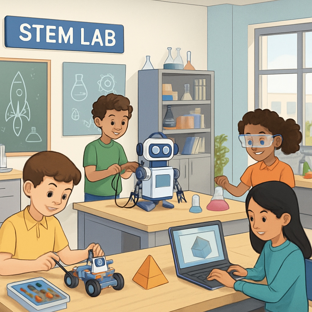 A public school STEM lab with students engaged in hands-on projects, emphasizing innovation and technology. Students in a public school STEM lab working on projects.
