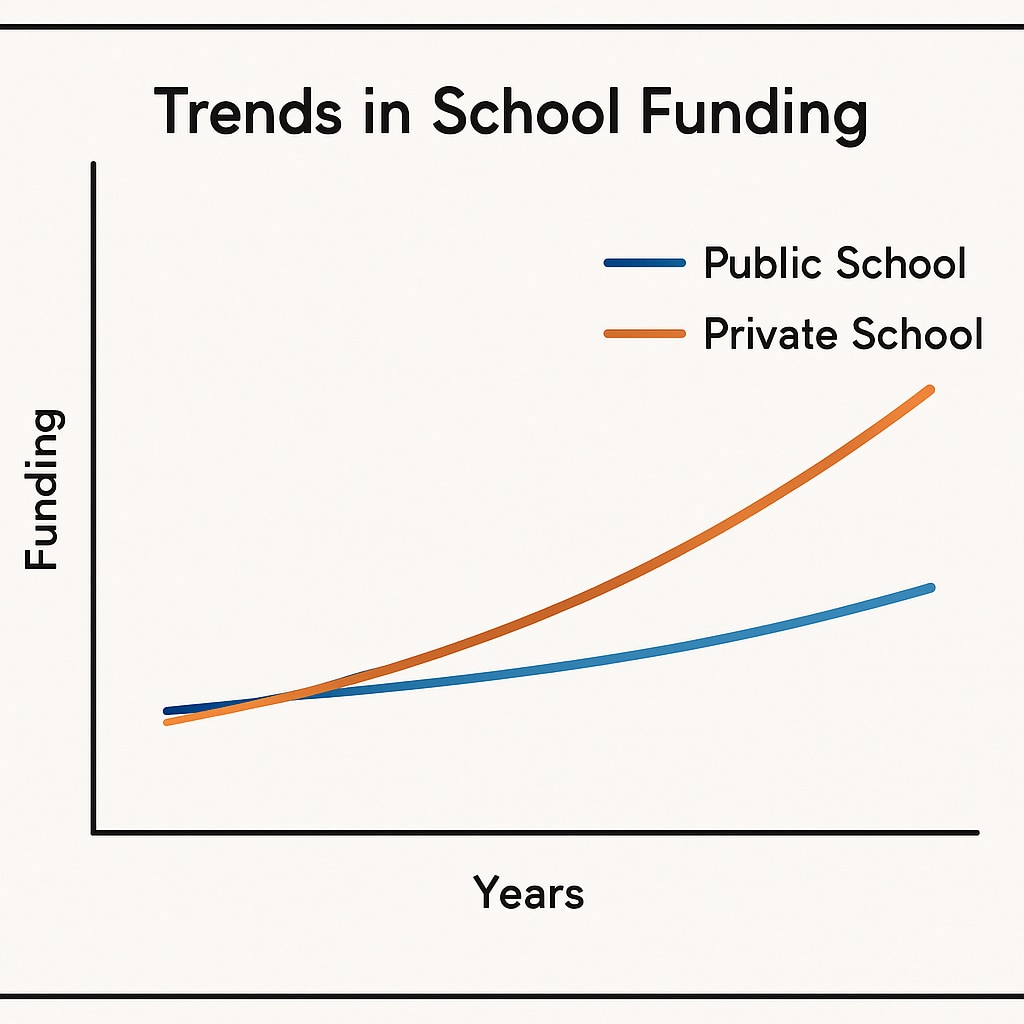 A graph showing trends in public vs. private school funding over the years. Graph depicting public and private school funding trends.